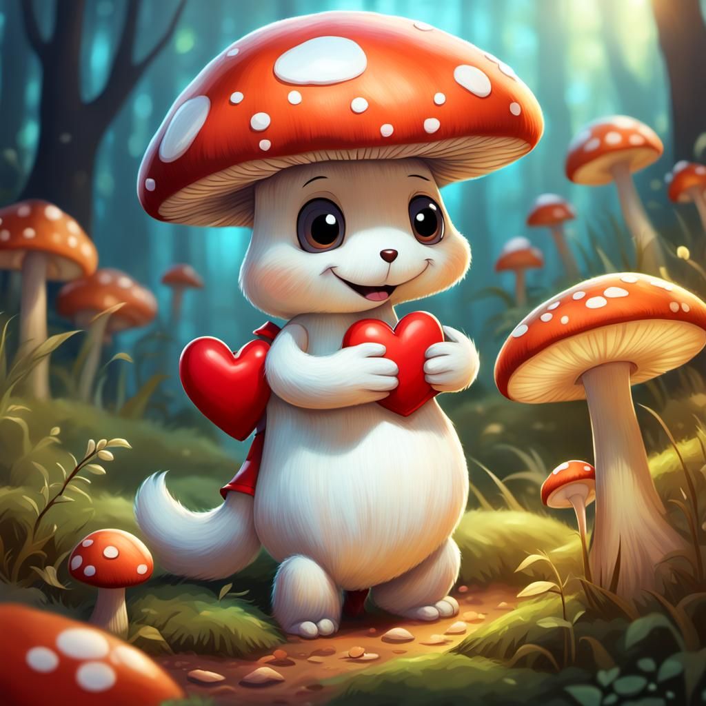 Mushroom Hugging Heart in 2D Cartoon Style