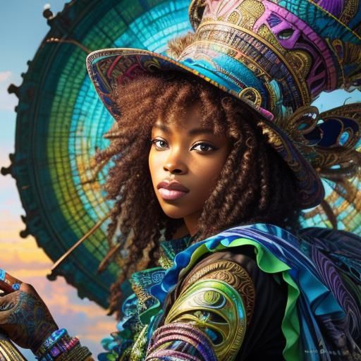 Woman in Maximalist Hat with Exploding Colors