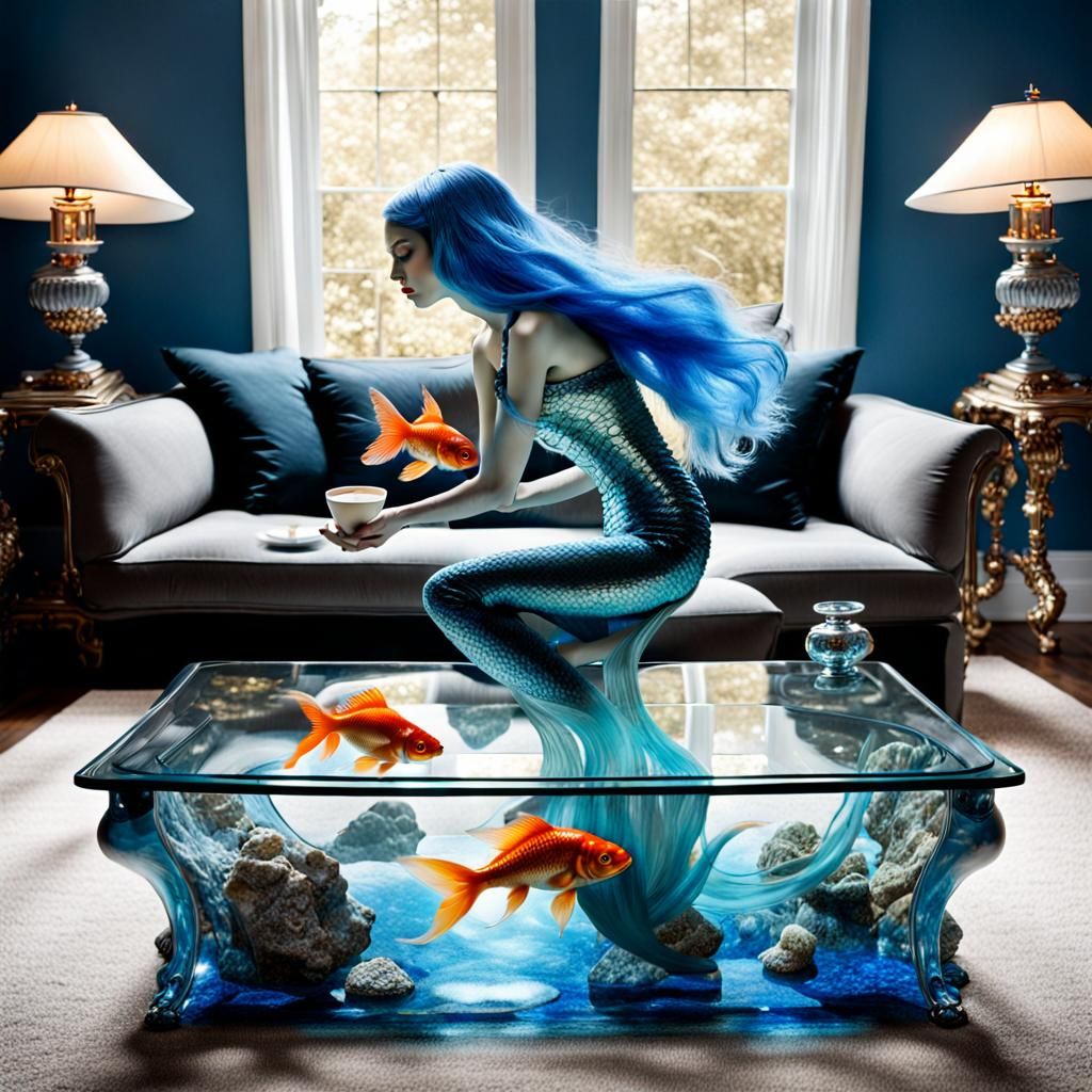 Surreal Steampunk Mermaid in Glass Coffee Table