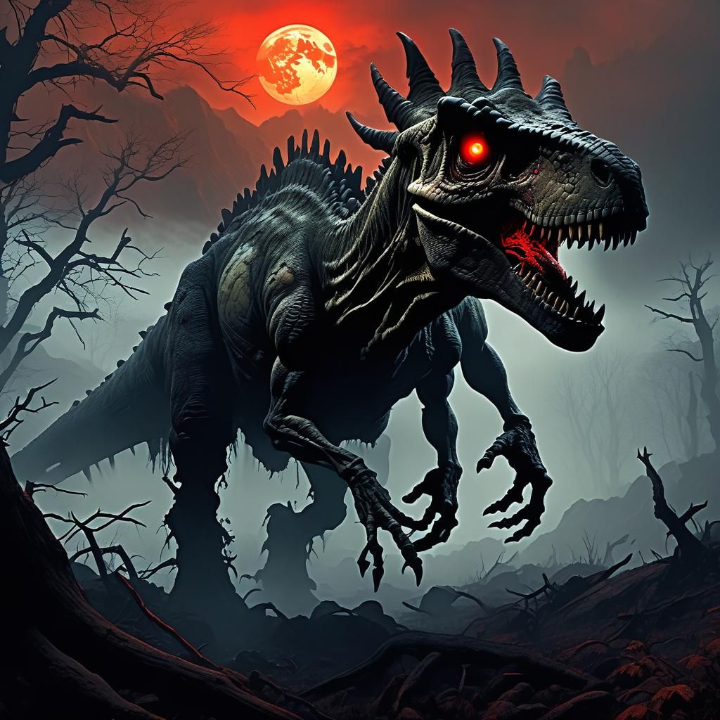 Dark Fantasy Zombie Dinosaur in a Foreboding Valley