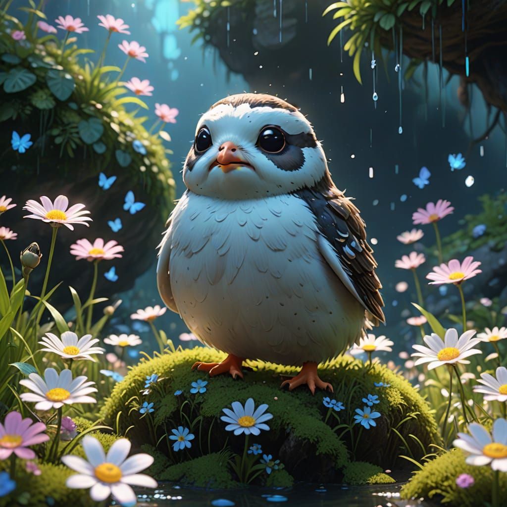 Porgs in 3D Anime Art with Glowing Moss