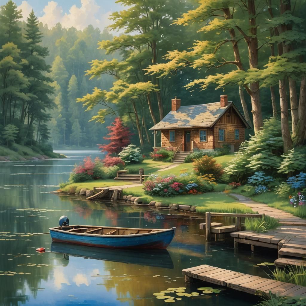 Lakeside Cottage with Boat: Watercolor Matte Painting