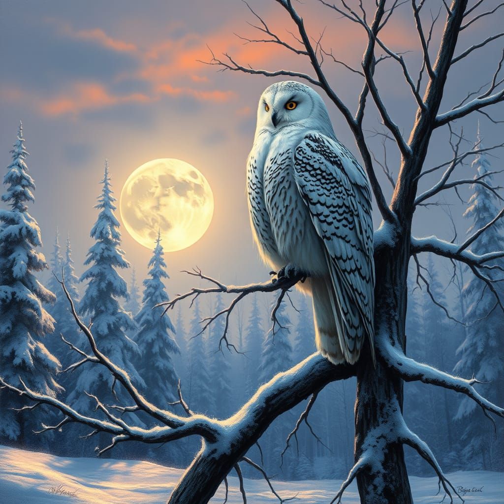 Majestic Snowy Owl in Winter Landscape at Dusk