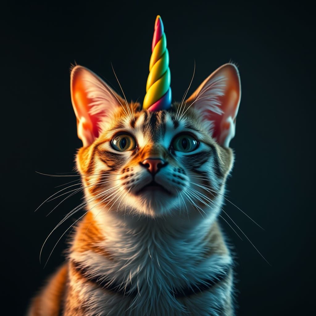 Surreal Feline Dreamscape with Vibrant Unicorn Horn