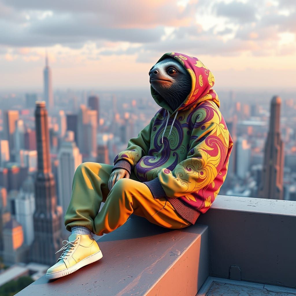 Sloth in Luxury Streetwear Enjoys City View