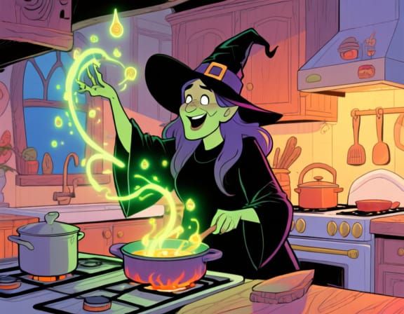 Witch Cooking Magic in Cozy Kitchen Comic Art