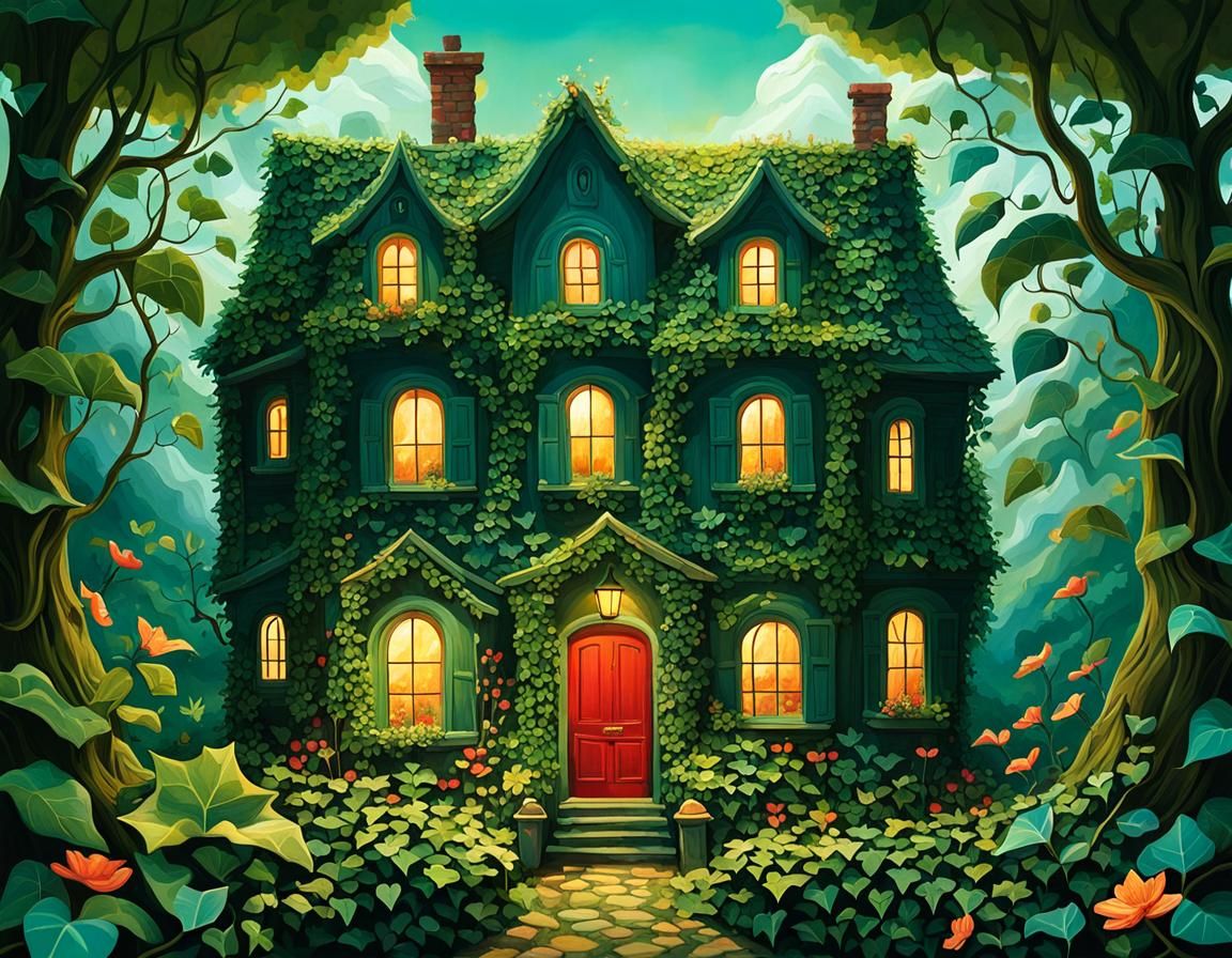 Whimsical Stone House with Ivy Illustration