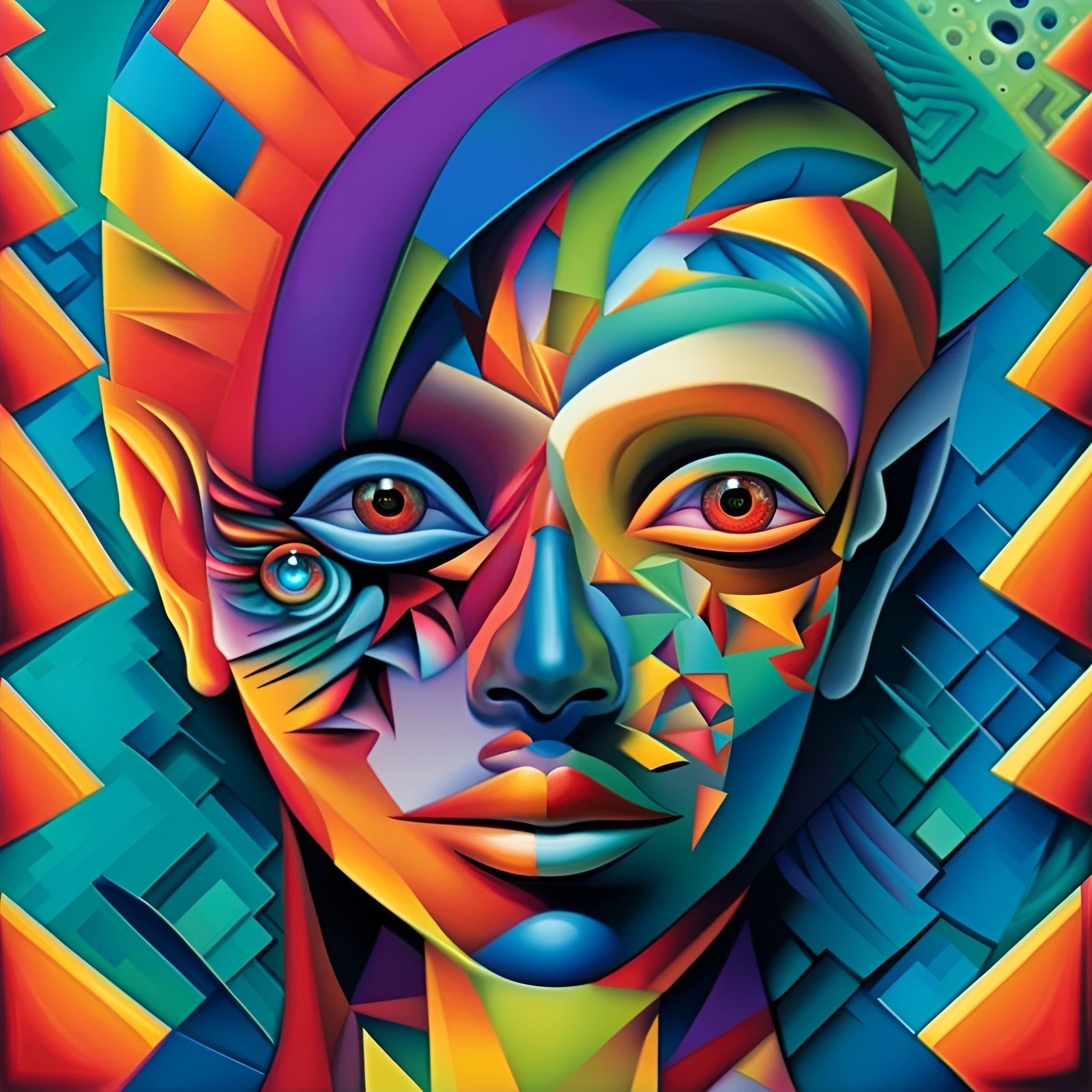 Geometric Fractal Face in Vibrant Triadic Colors