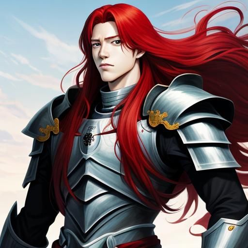 Manhwa-Style Knight with Flowing Red Hair