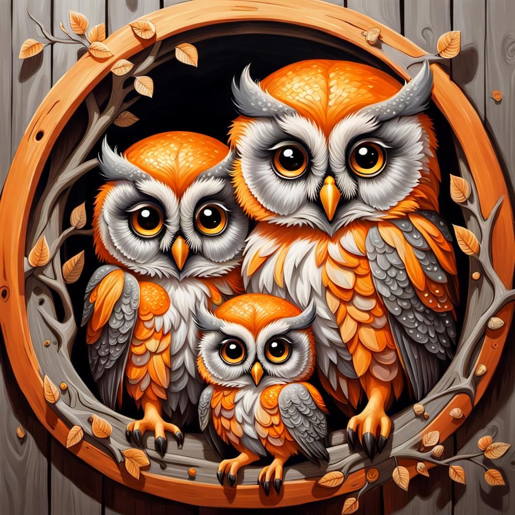 Adorable Owl Family in Barn: Hyperdetailed Airbrush Art