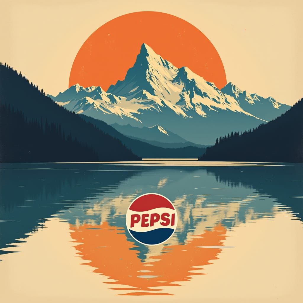Pepsi Logo Merged with Mountain Range, Mid-Century Modern St...