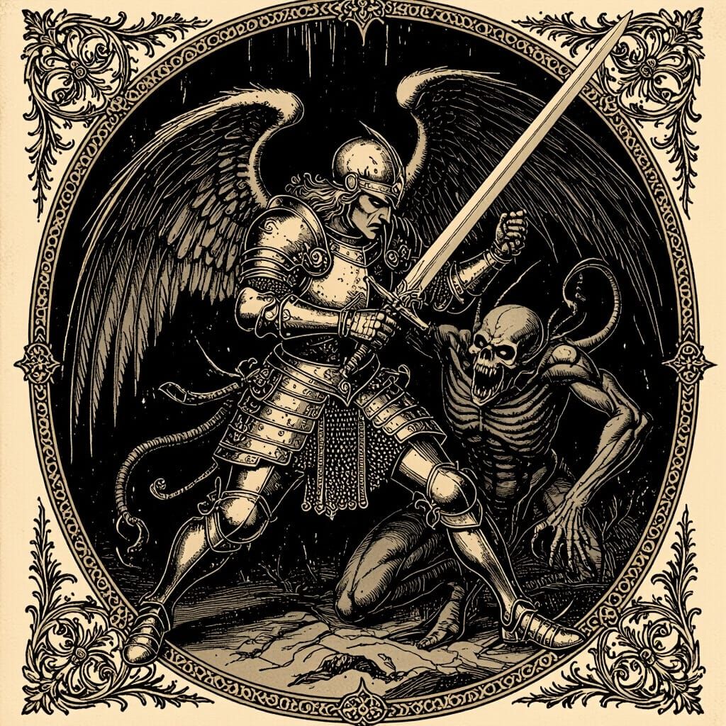 St. Michael Slaying Demon in Gothic Art Style