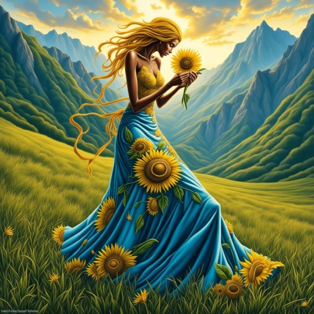 Bioluminescent Woman with Sunflower in Trompe-l'oeil Style