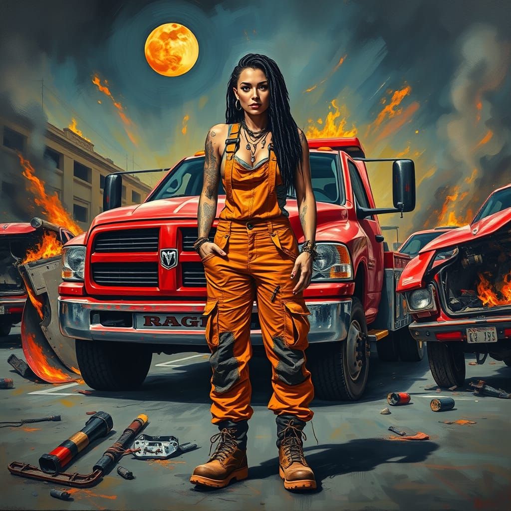 Vibrant Neo-Expressionist Woman Amidst a Chaotic Car Crash S...