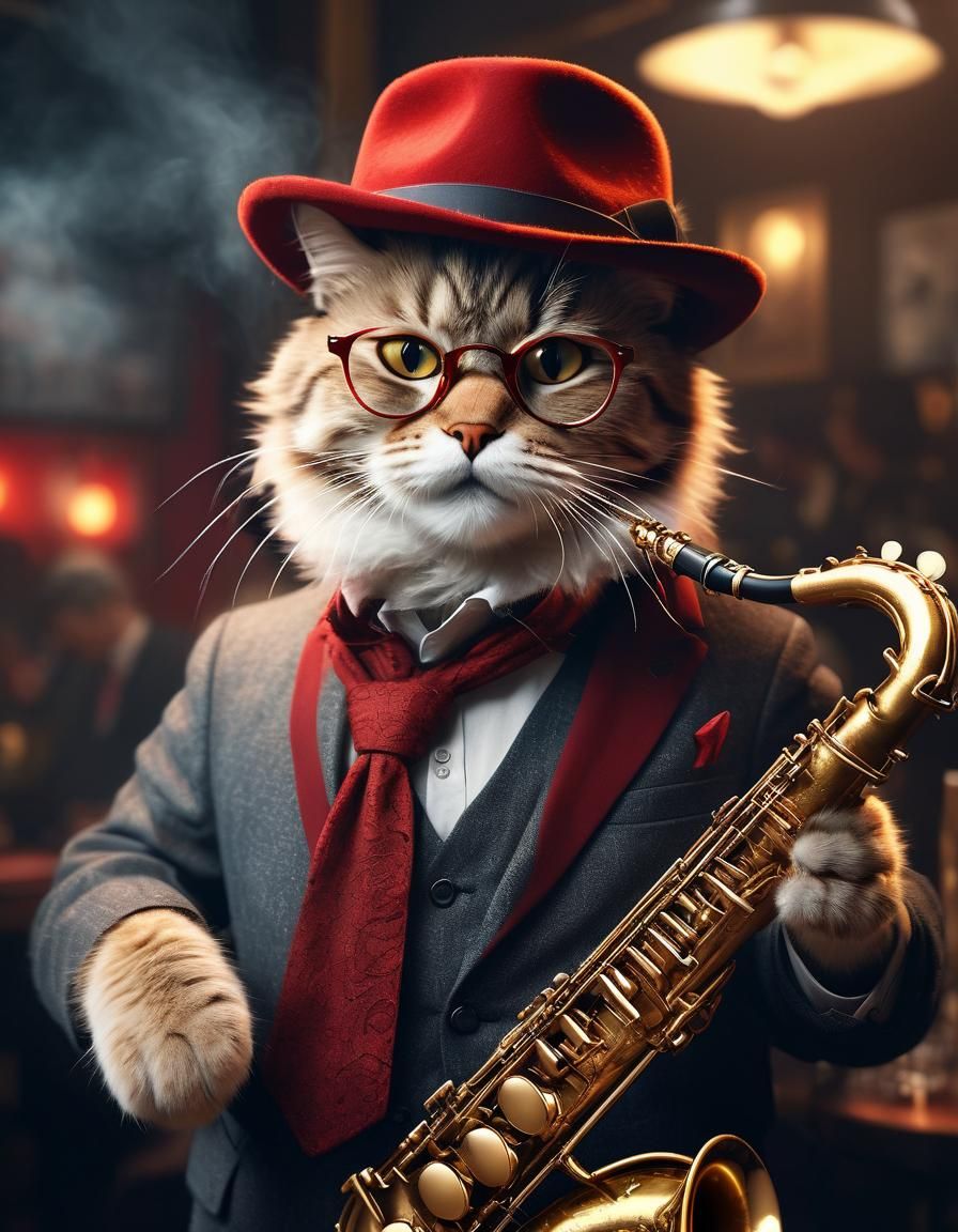 An anthropomorphic fluffy cat, wearing a glasses and a red f...