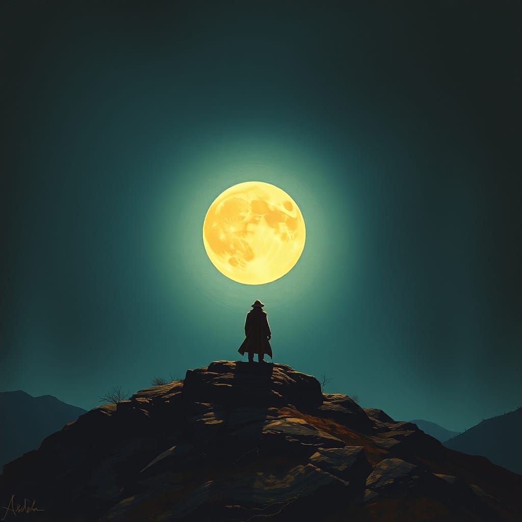 Lone Figure Under Moonlight in Dreamy Landscape