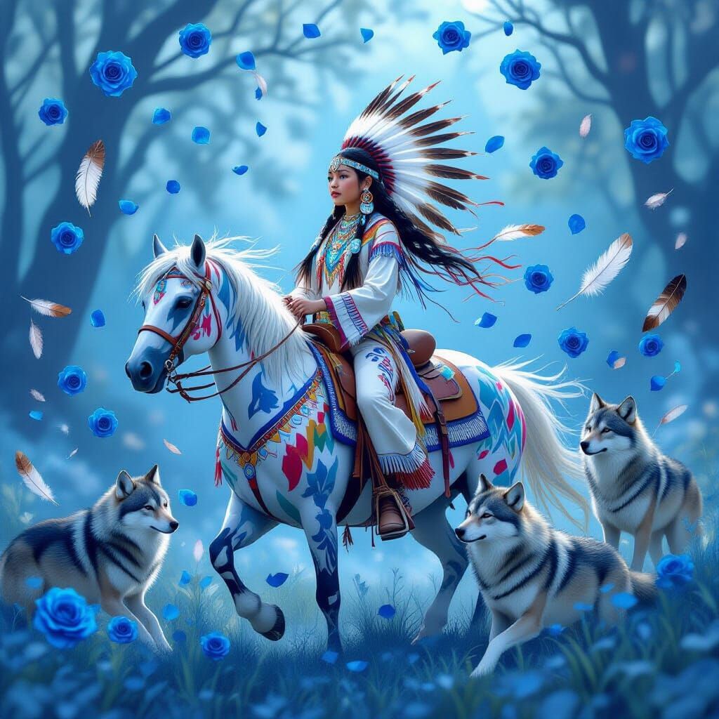 Native American Girl on Painted Horse with Wolves and Roses