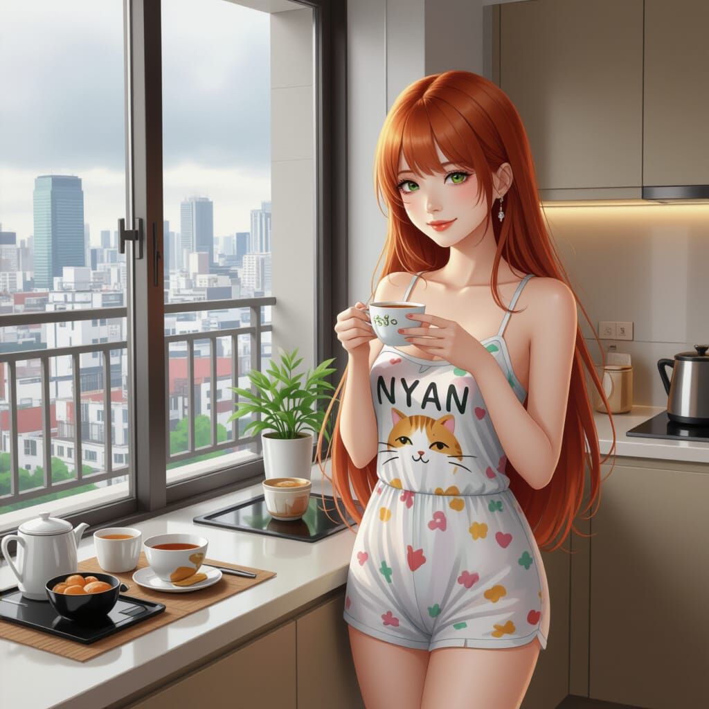 Serene Tokyo Morning: Japanese Woman in Watercolor Style