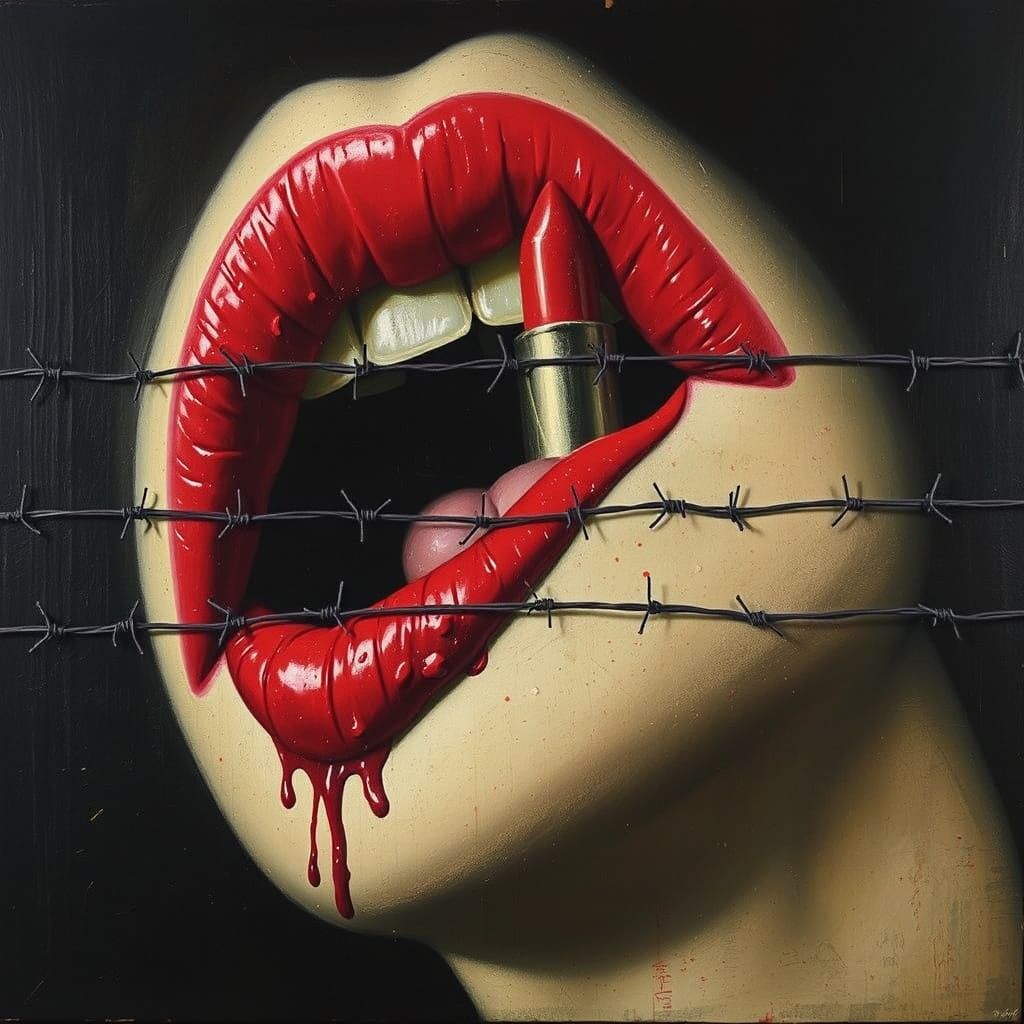 Surreal Barbed Wire Art in Vibrant Lipstick