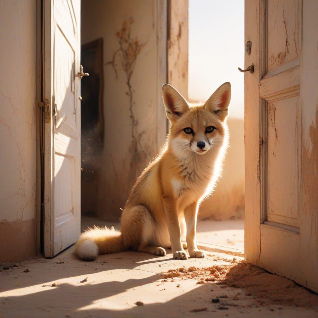 Desert Kasbah with Fox in Watercolor Style