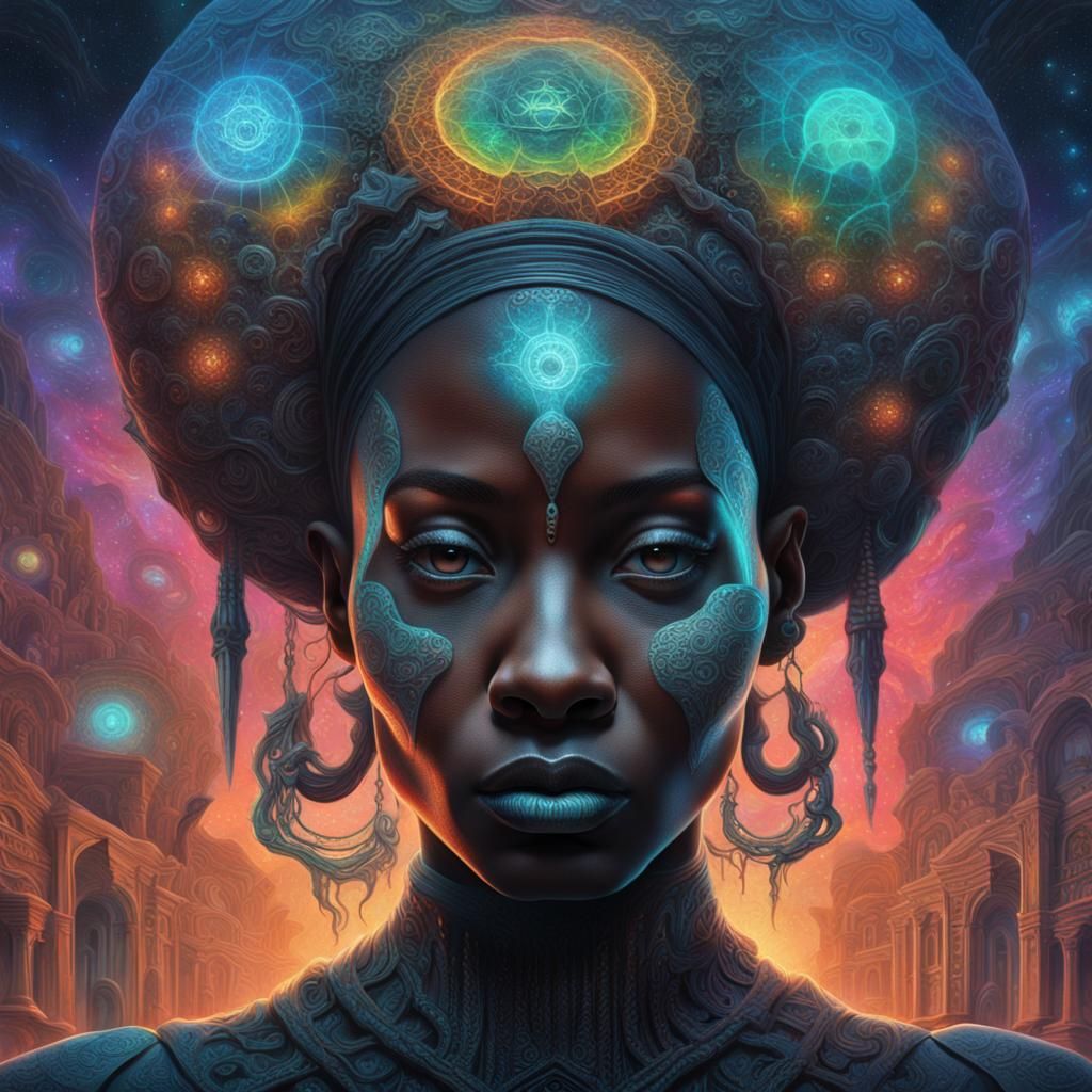 Cyberpunk Woman with Skull Nebula in Psychedelic Art