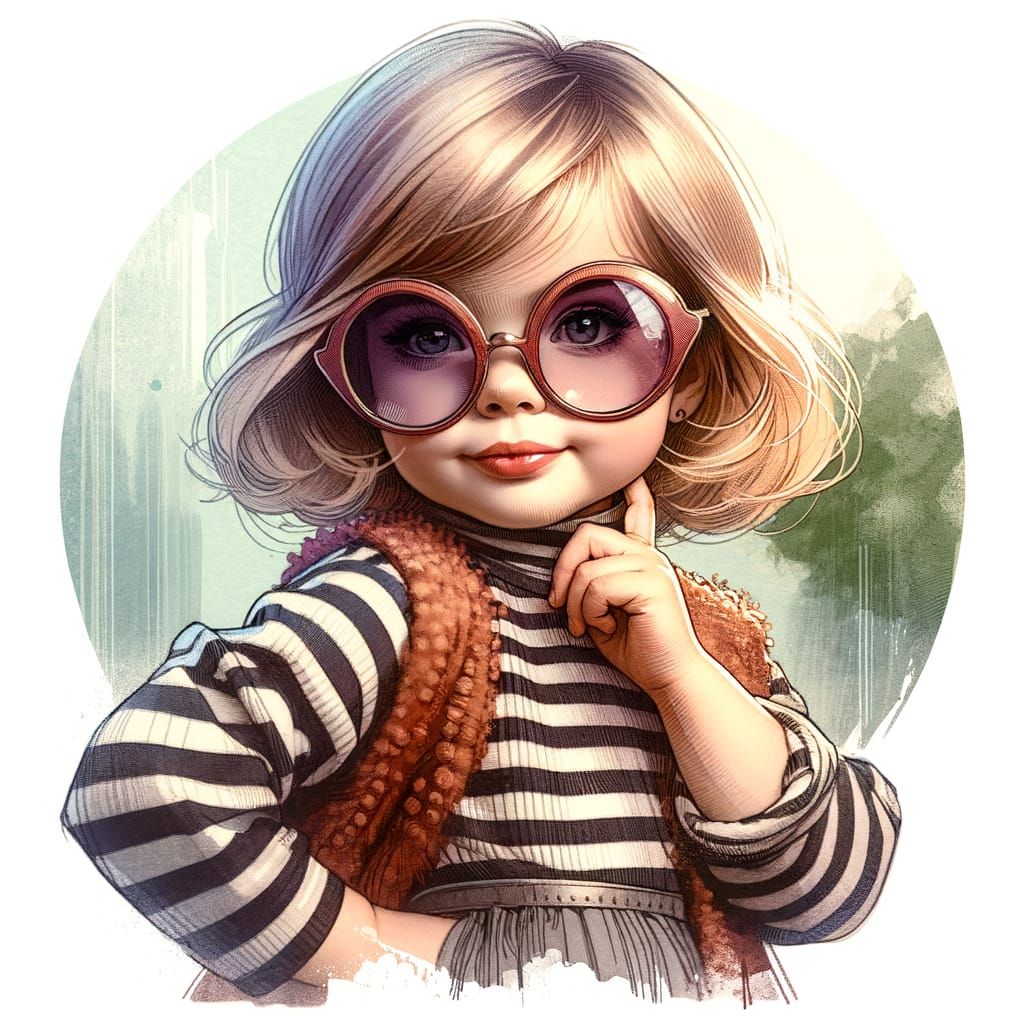 Confident Young Girl in Oversized Sunglasses and Striped Out...