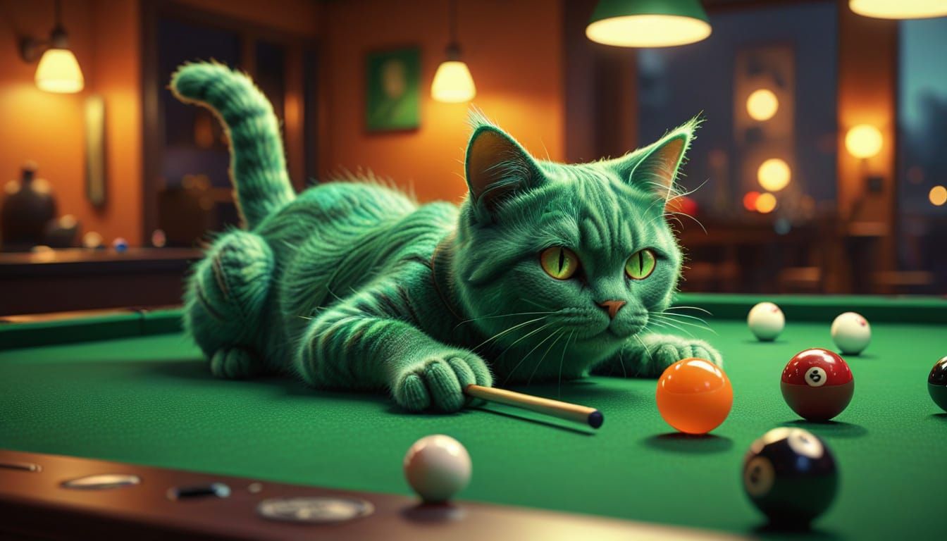Green Felt Cat Plays with 8-Ball, Pixar Style