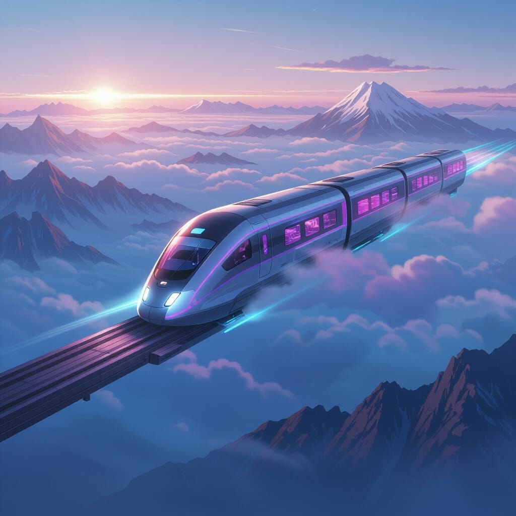 Futuristic Anime Hover-Train Above Misty Mountains