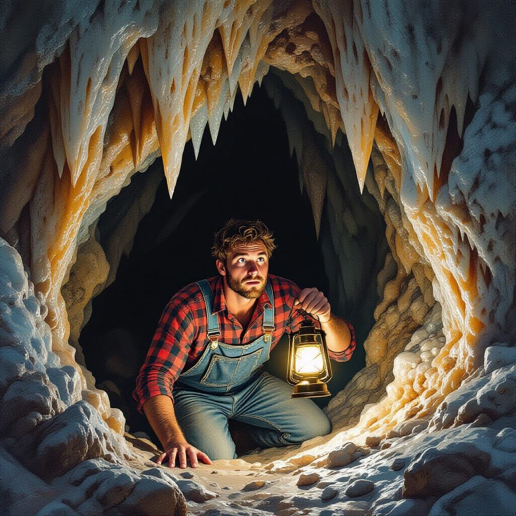 Explorer Crawling into Glistening Cave, Digital Art