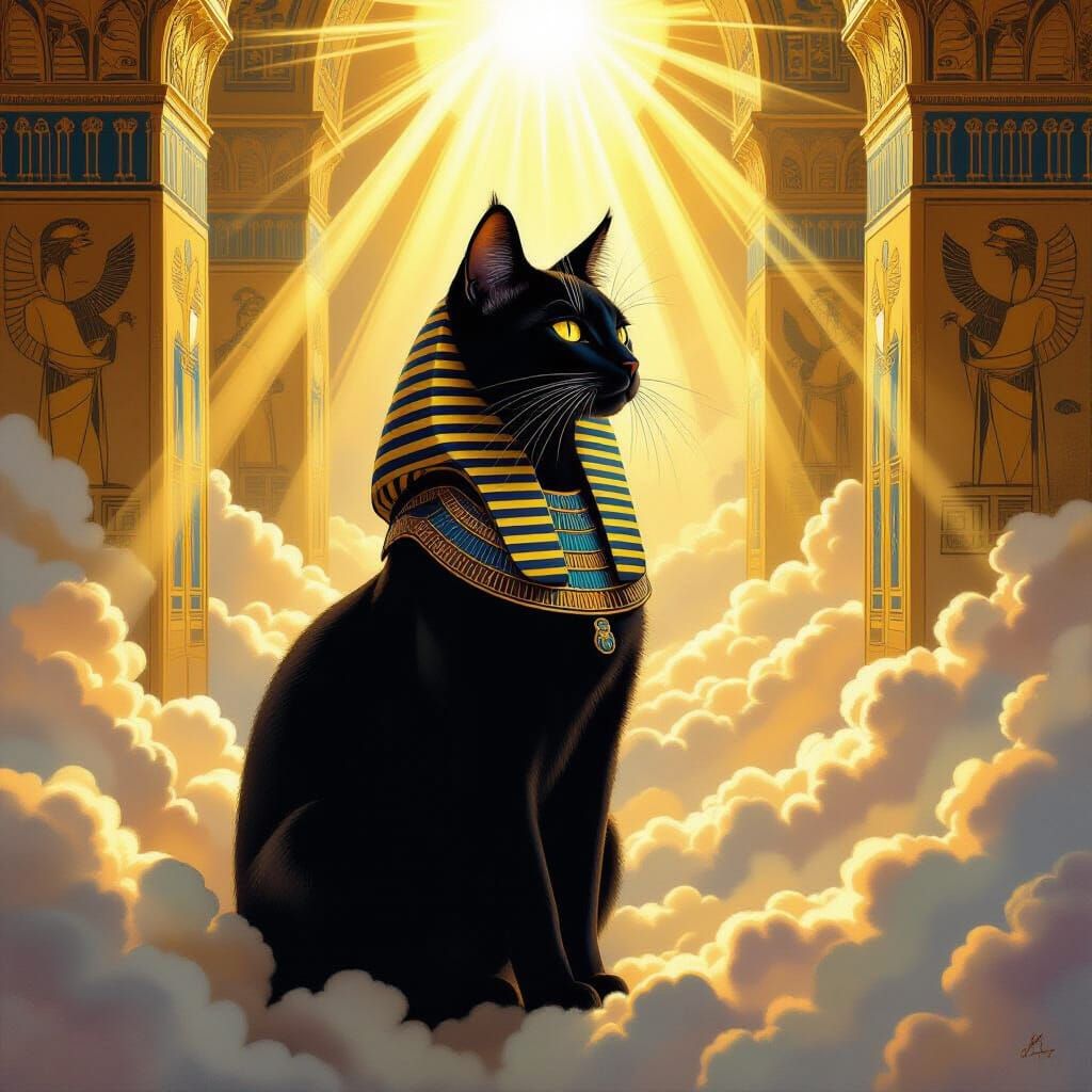 Majestic Pharaoh Cat Guards Sacred Chambers in Ethereal Ligh...
