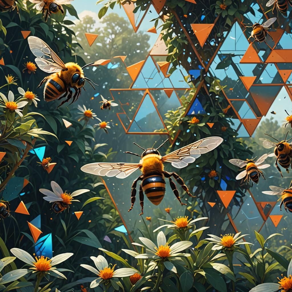 Geometric Bee in Lush Greenery, Sci-Fi Art