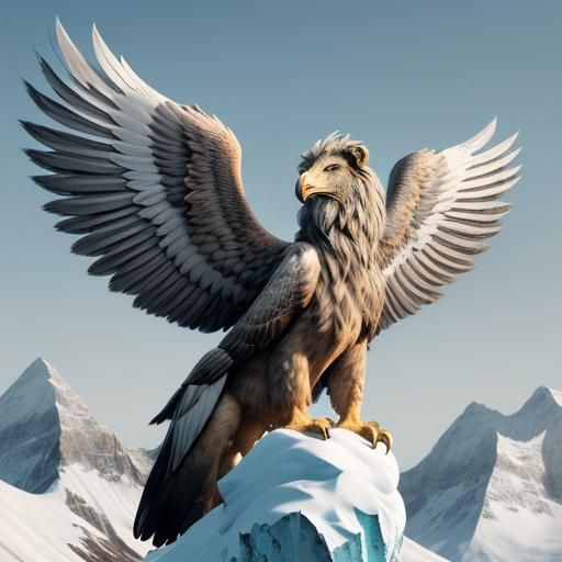 A majestic griffin with the head and wings of an eagle and the body of a lion, perched atop a snow-capped mountain peak.
