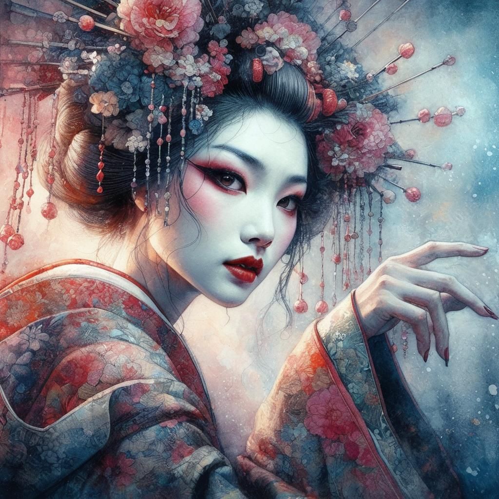 Detailed Oil Painting Portrait of a Geisha