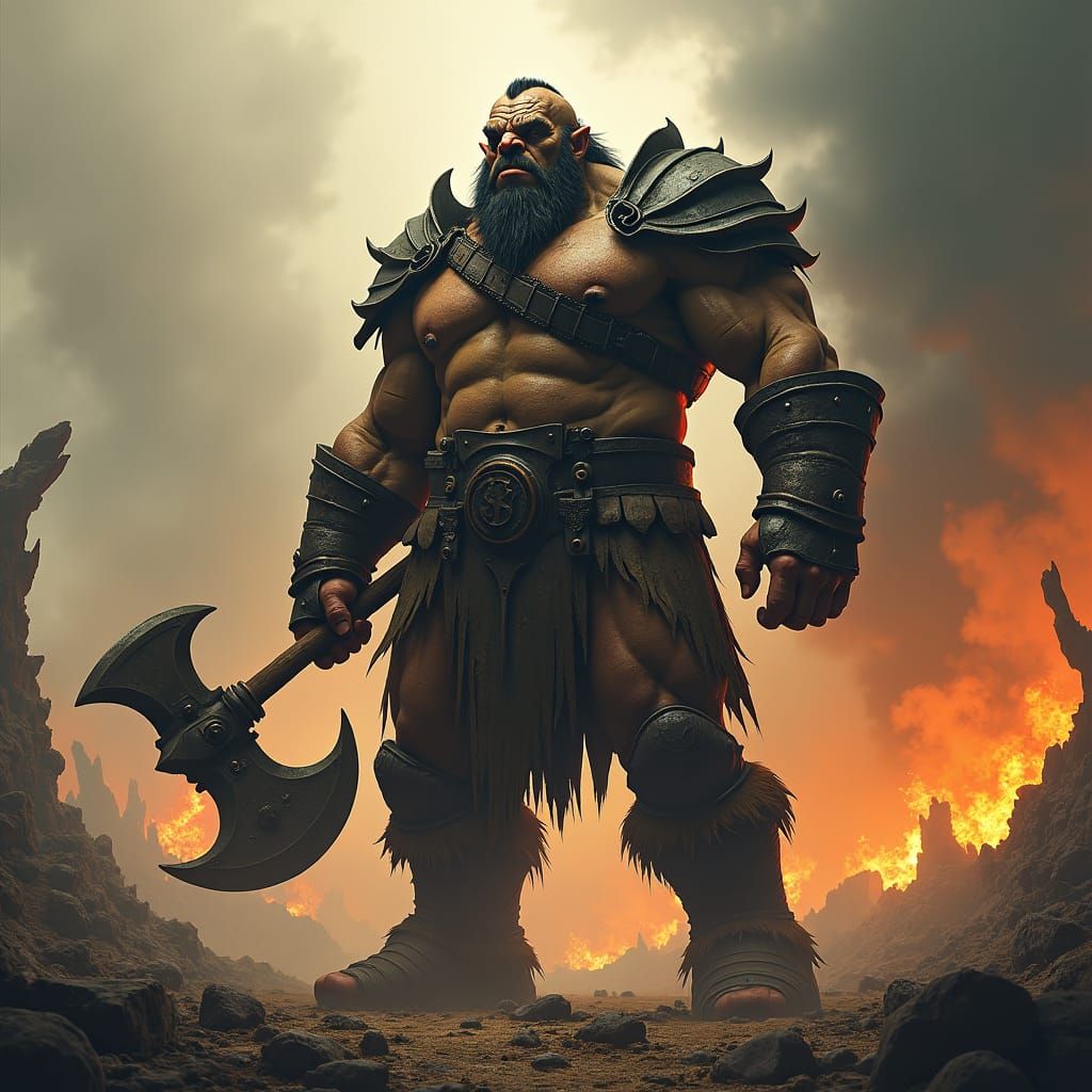 Epic Orc Warrior in War-Torn Landscape