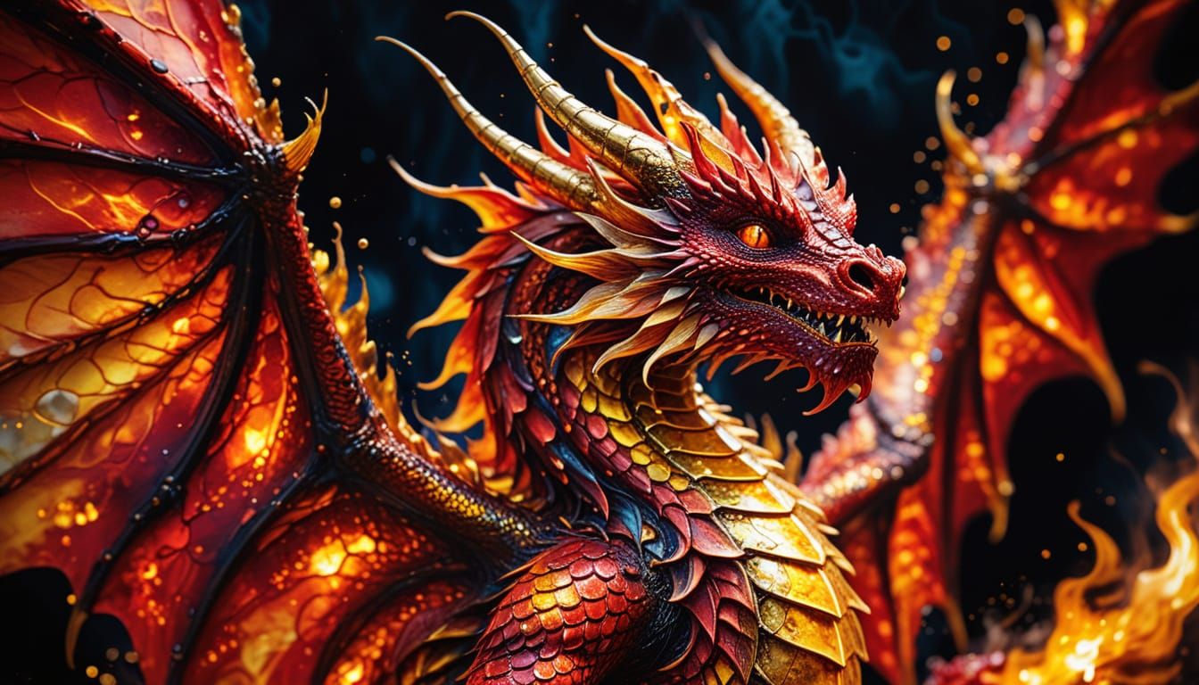 Red Dragon Spouting Fire in Alcohol Ink Style