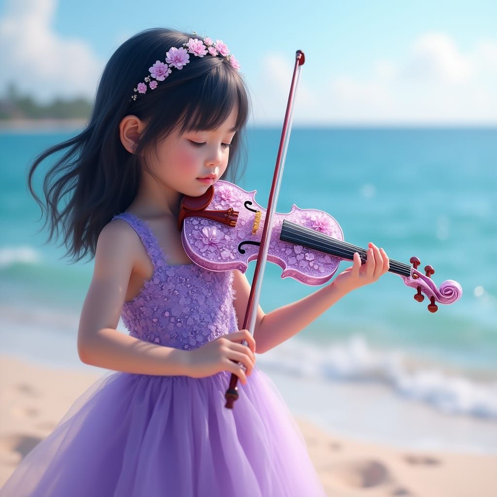 Little Girl Plays Glass Violin on Ocean Beach in Vibrant Pur...
