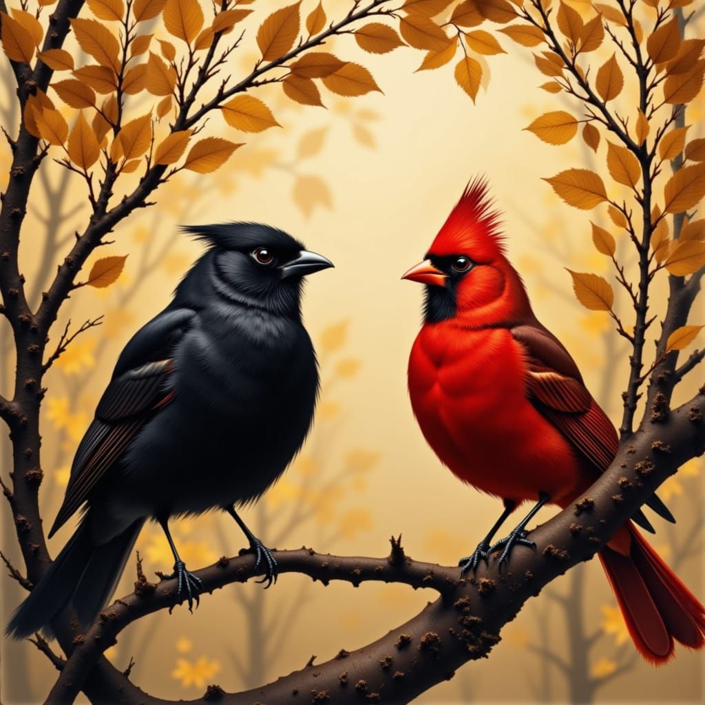Black Bird and Cardinal in Golden Autumn Tree