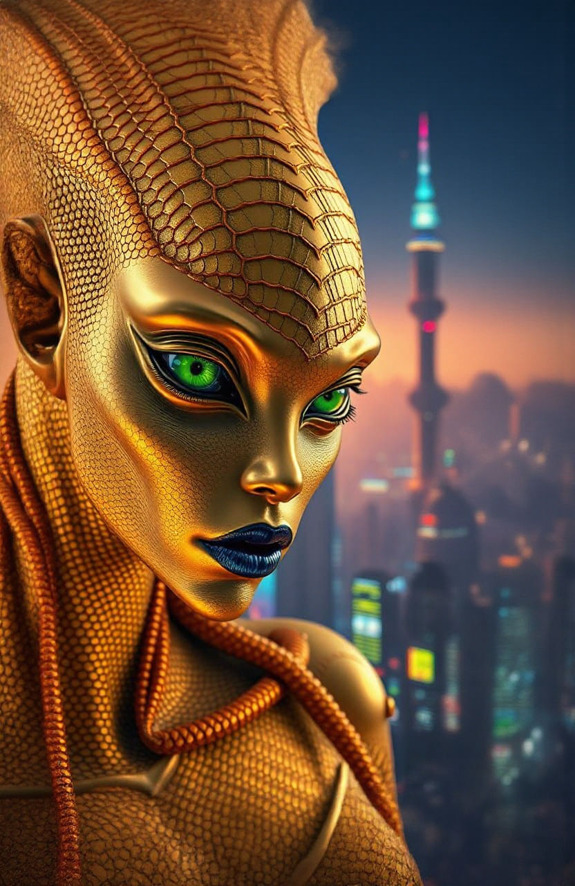Stunning Alien Goddess in Shimmering Golden Skin with Feline...