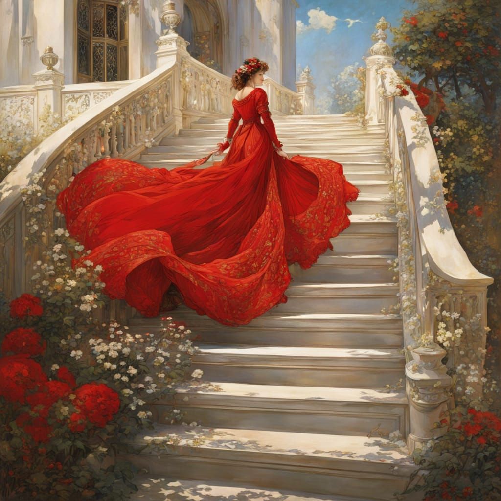 Fantasy Woman Descends Stairs: Mucha-Ghibli Style