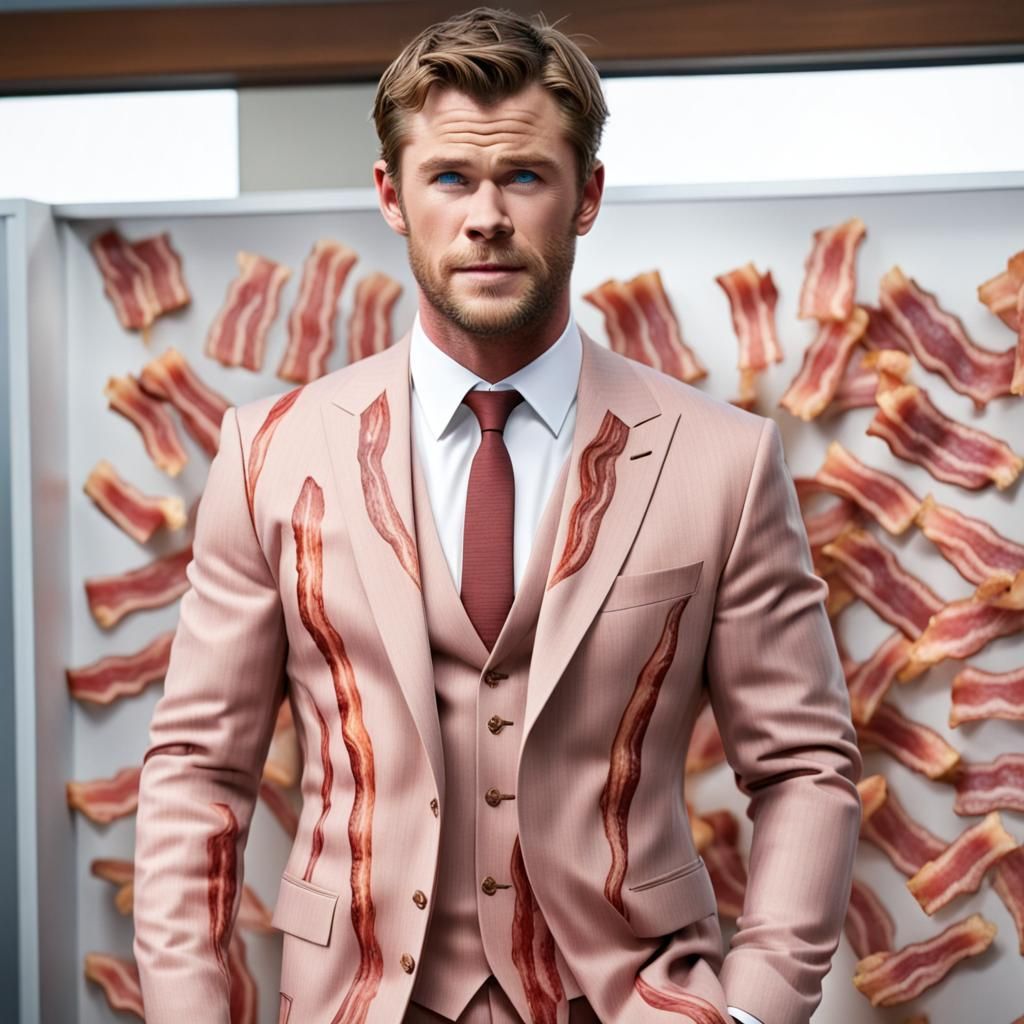 Chris Hemsworth wears a 3-peice suit made out of bacon