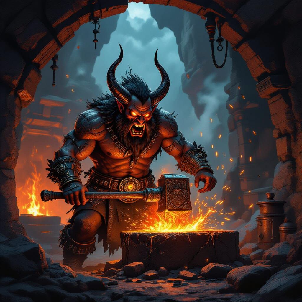 Demonic Blacksmith Forging in Volcanic Steampunk Forge