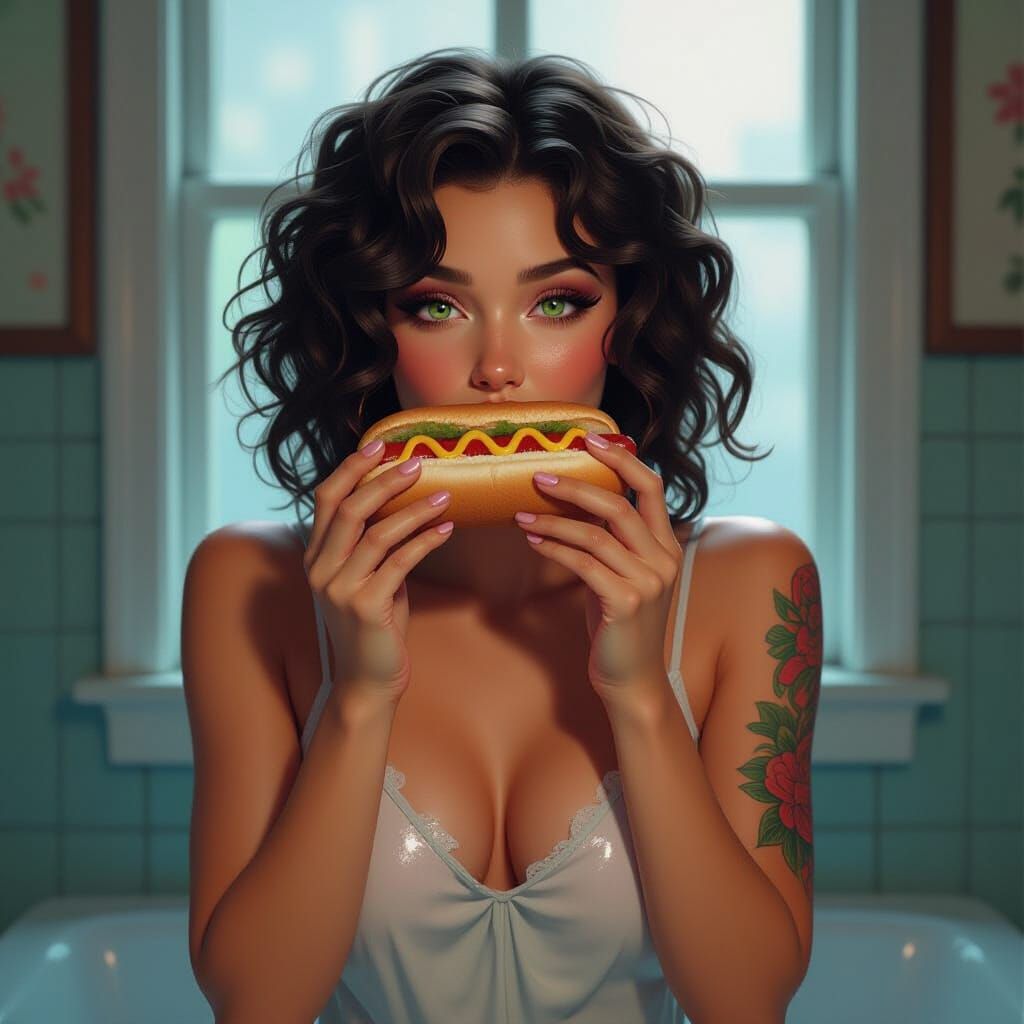 Woman with Hot Dog in Dramatic Digital Art