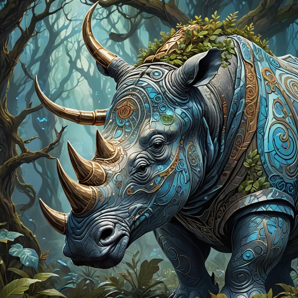 Mystical Rhino Concept Art in Ancient Forest