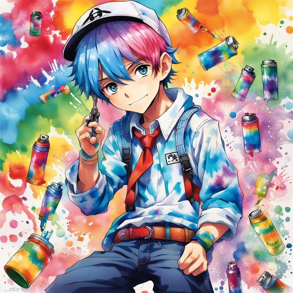 Anime Boy with Rainbow Hair and Tie-Dye Outfit