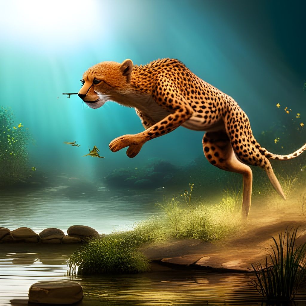 Cheetah's Aquatic Leap: A Fantastical Detailed Painting