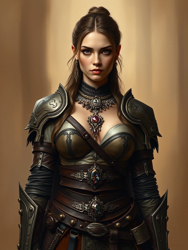 Regal Female Warrior in Leather Armor, Oil Painting Style