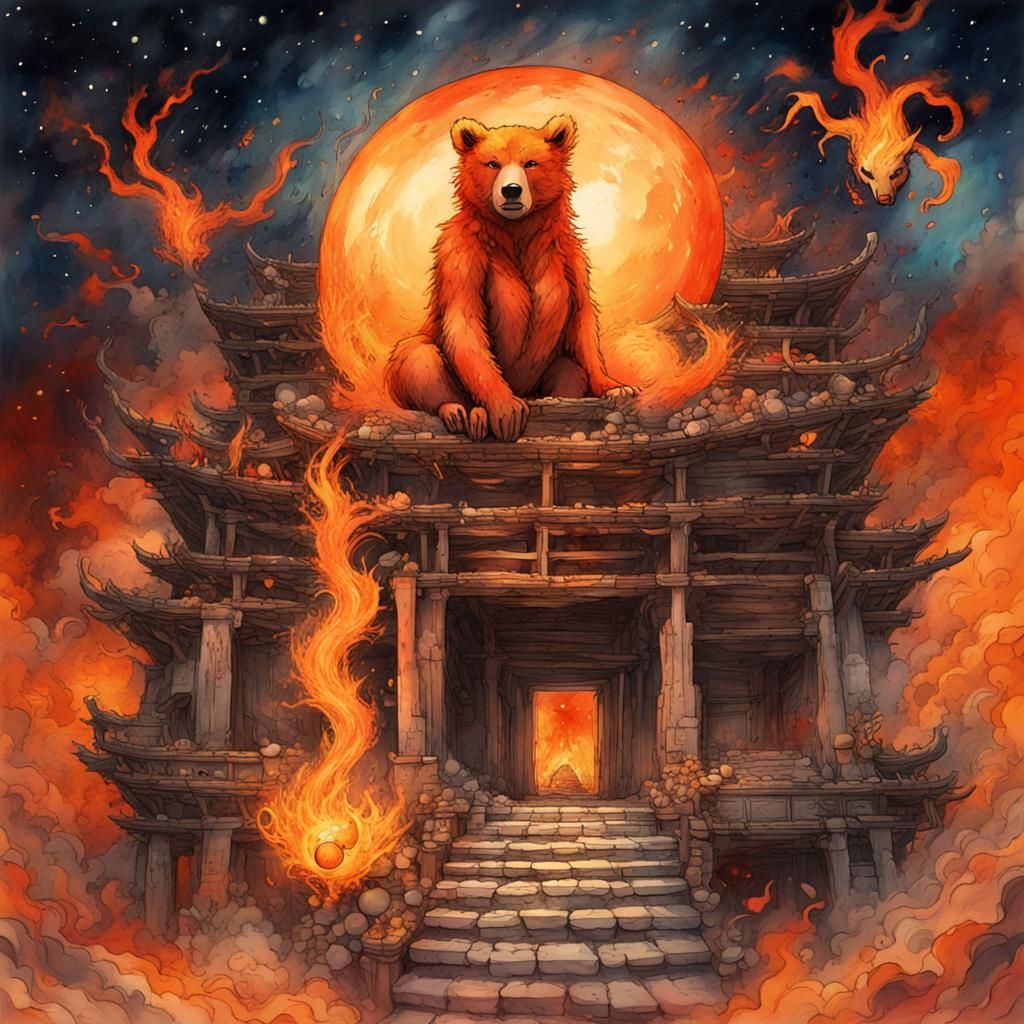 Burning Ruins: Abstract Watercolor of a Flaming Bear