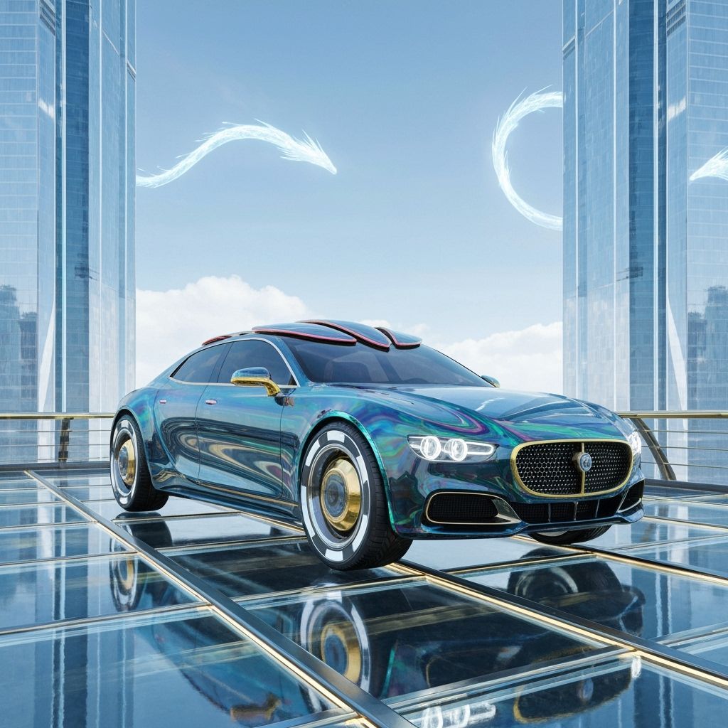 Futuristic Luxury Car on Glass Bridge in High-Tech Style