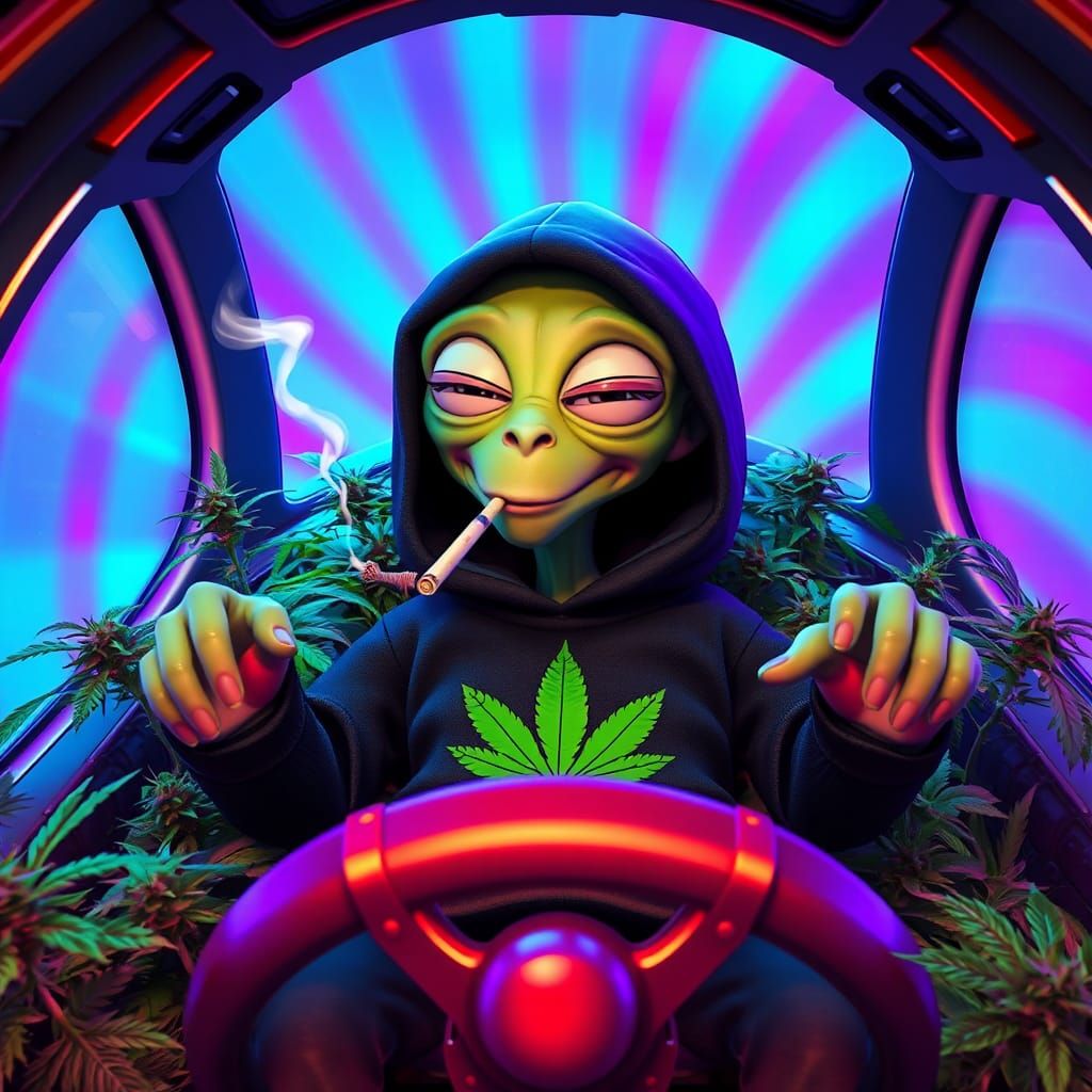 Cartoon Alien in Psychedelic Spaceship with Cannabis