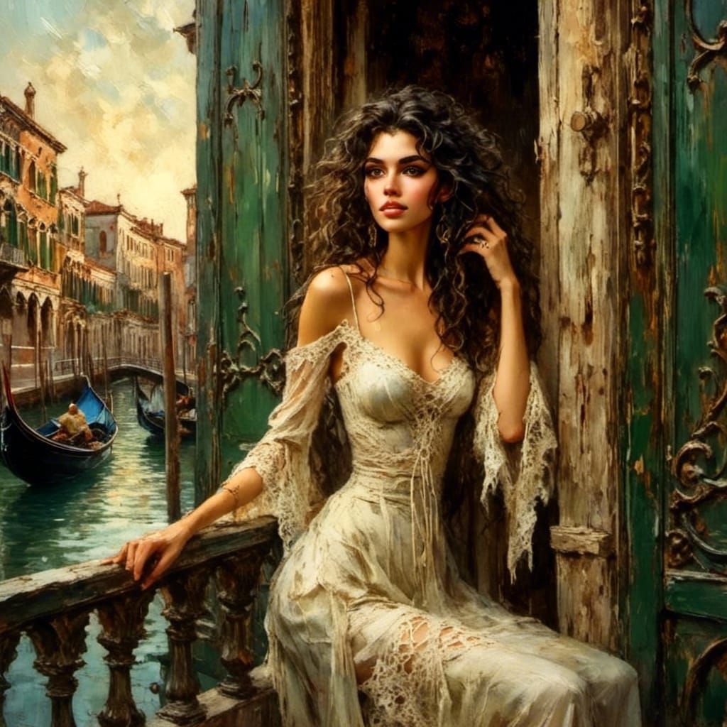 Renaissance Woman on Balcony in Dreamy Realism